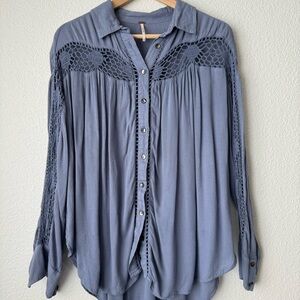 Free People Katie Bird Lace Crochet Inset Long‎ Sleeve Button Down  blouse tunic